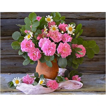 

full square drill DIY Diamond Painting Cross Stitch Kit,Pink Roses Florwers Vases,5D Needleworks Mosaic Home Decoration C607
