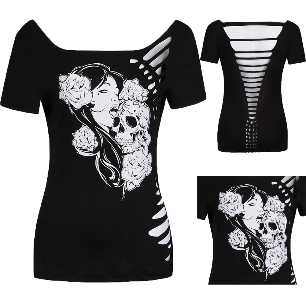 Г. летние пикантные сжигания цветы полые головки черепа футболки рубашка Femme Повседневное Для женщин футболка