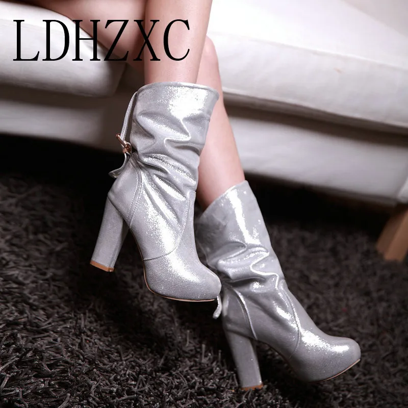 

LDHZXC Women Shoes Mid Calf Boots Fashion Stretch Fabric Thin High Heel Round Toe Sock Boots Winter Women Boots Size 34-43