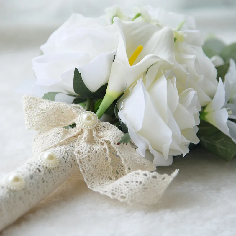 Искусственный белый цветок букет Свадебный букет De Mariage ручной работы Листья жемчужные цветы невесты Свадебный букет кружевная лента