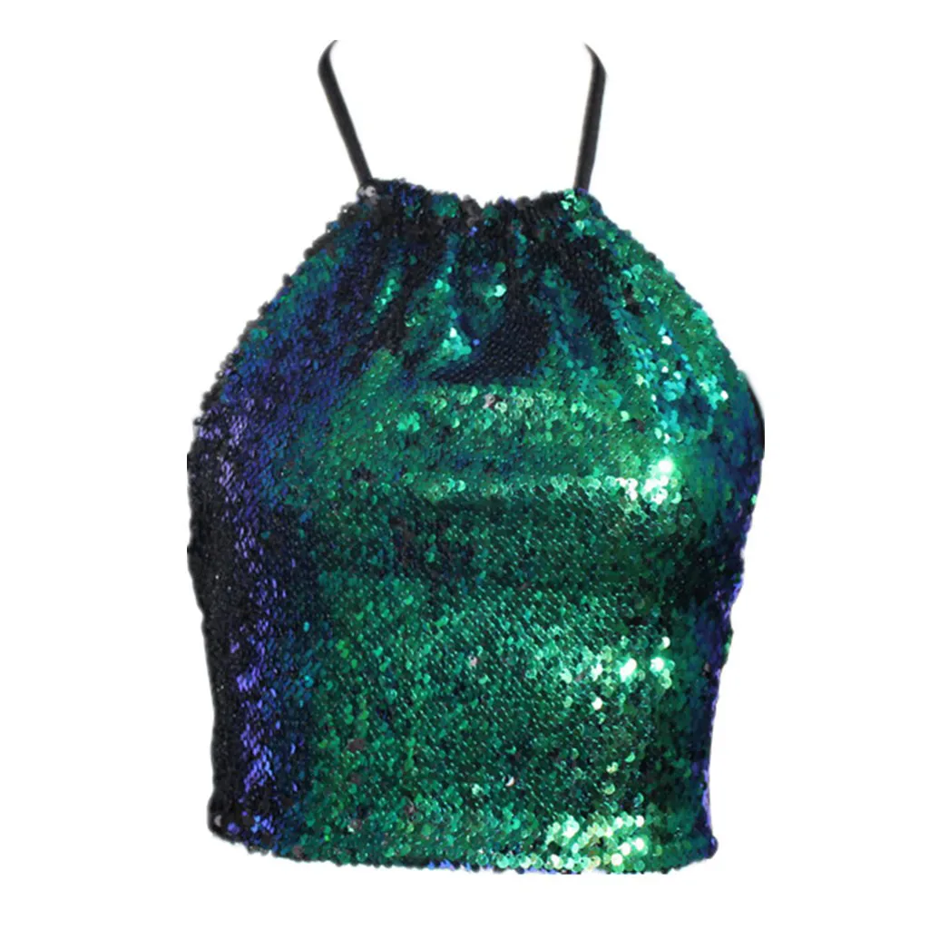 

Feitong 2019 Women Summer Sequined Tops Backless Sexy Tank Tops Bustier Camis Bralette Sling Vest Sequin Cropped Top Female