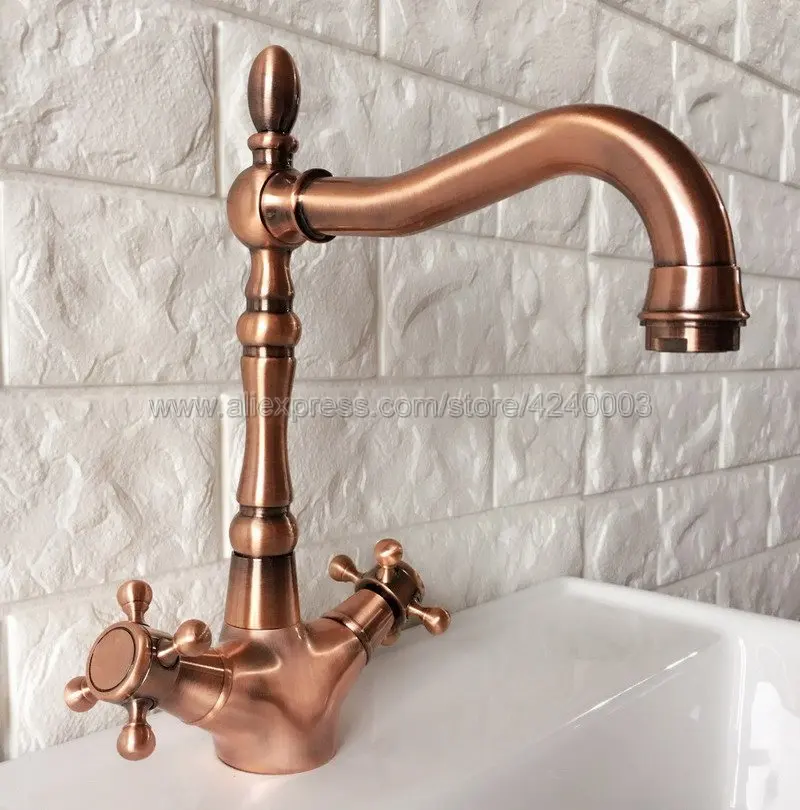 

Antique Red Copper Basin Faucet Bathroom Sink Faucet Double Handle Swivel Spout Kitchen Deck Vessel Mixer Taps Krg054