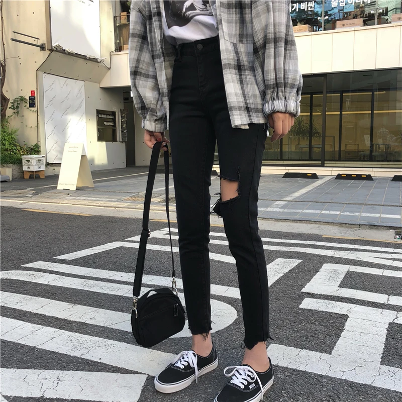 Mihoshop Ulzzang Корейская женская модная одежда с дырками в стиле панк крутые черные