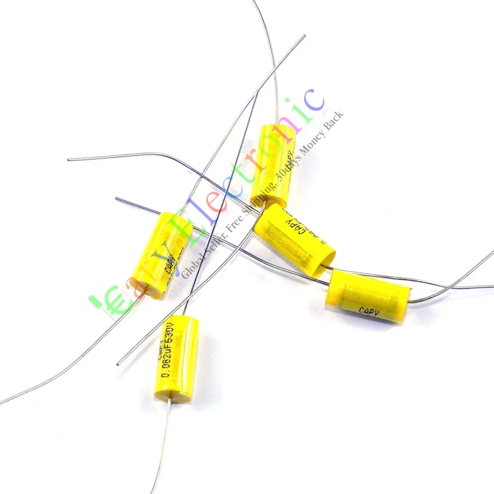 Оптом и в розницу 100 шт. желтые длинные проводники осевая полиэстер Плёнки конденсатор 0.082 мкФ 630 В FR ламповых усилителей Бесплатная доставка