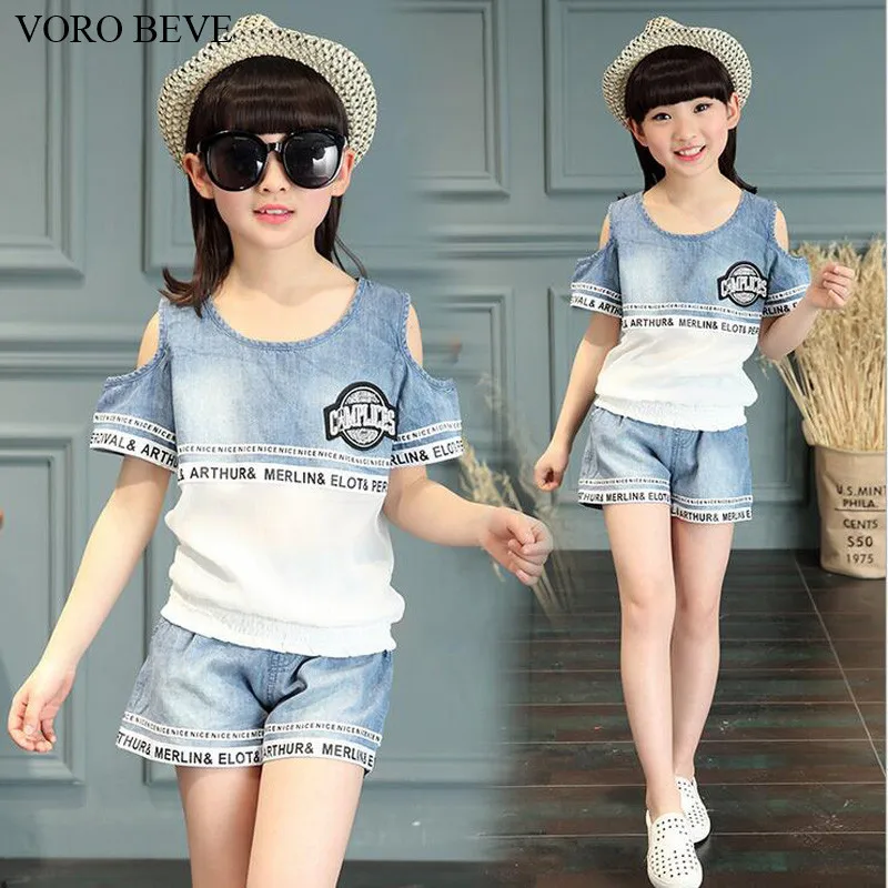 

VORO BEVE Children's Clothing Girls Set Summer 2017 New Large Children Korean Version of the Cowboy Girl Suit Baby Set