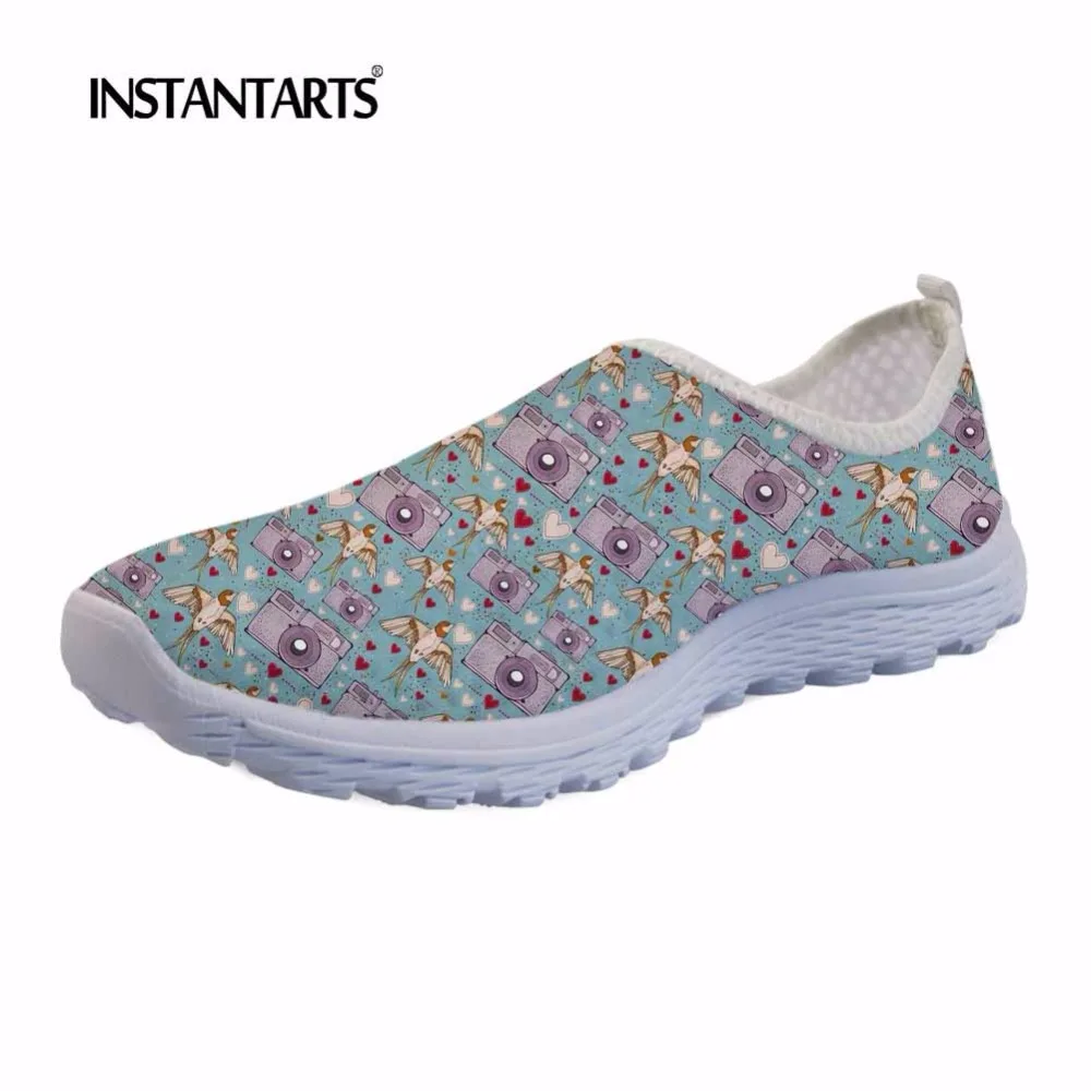 

INSTANTARTS Retro Camera Print Women Summer Slip On Flat Shoes Super Light Air Mesh Sneaker Shoes Female Breathable Beach Shoes