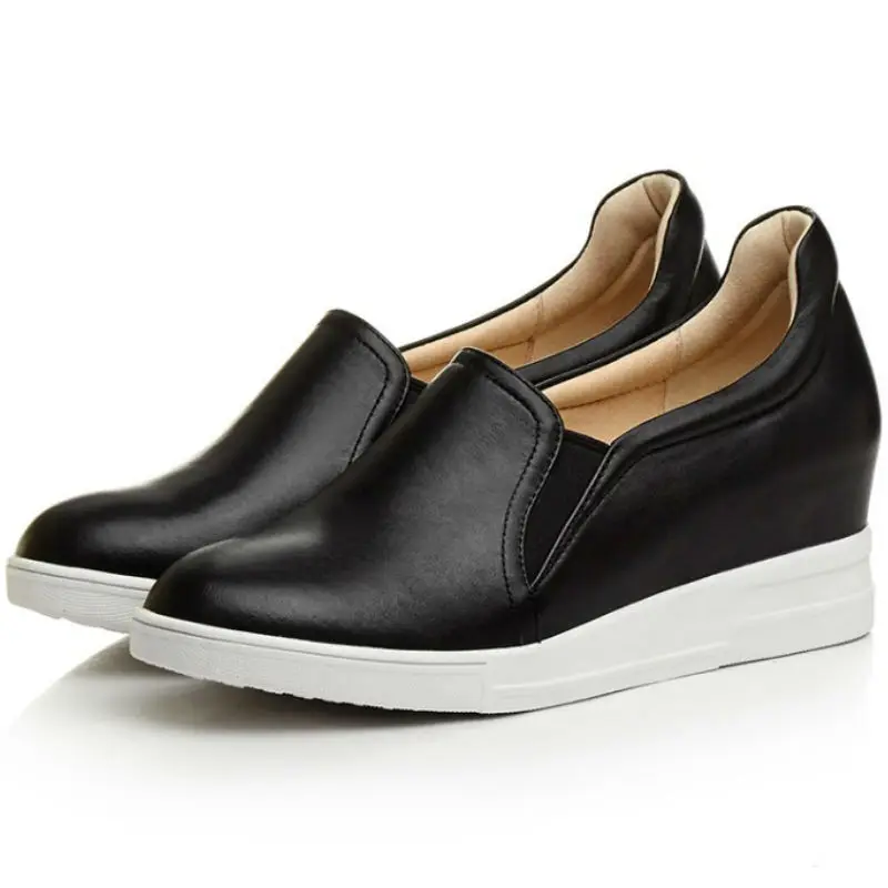 

Fashion Round toe Real Cow leather upper pigskin liner 6cm high wedges heel single shoes spring ladies casual 2017 high heels