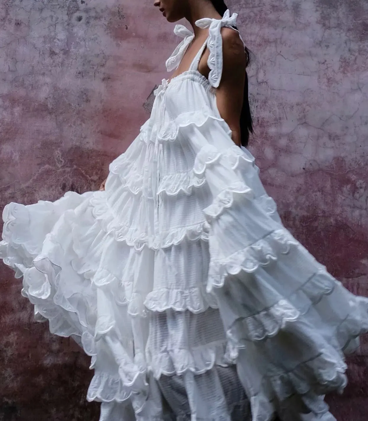 

Fashion 2019 Women Summer Vintage Backless Cascading Ruffle Dress Lace Patchwork Beach Dress Casual Pleated Big Swing Dress