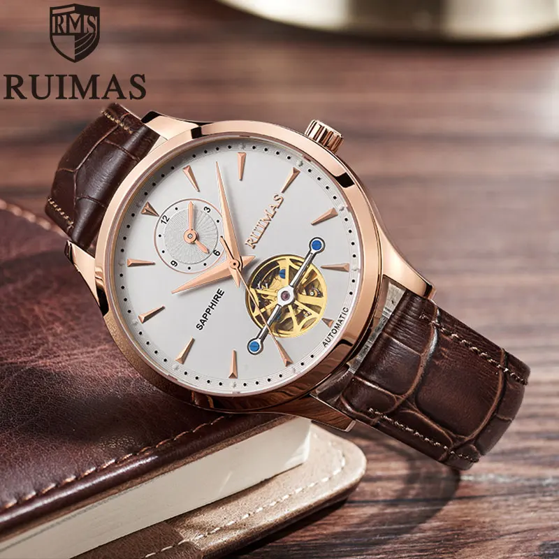 Ruimas Мужские механические часы Tourbillon Роскошные модные брендовые кожаные мужские