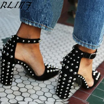 

RLIN Square Head Buckle with Coarse Heel Sandals Pointed Spike Buckle with Thick with High-heeled Size Code 34-43 Shoes