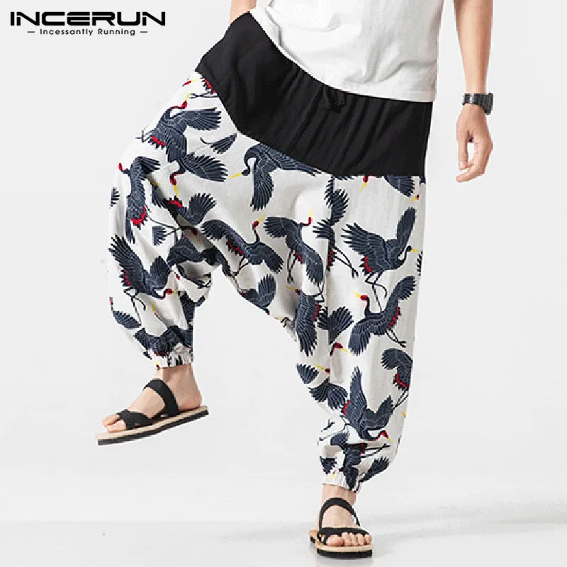 INCERUN Men Harem Pants Print Elastic Waist Drop Crotch Pants Joggers Hip-hop Retro Chinese Style Loose Cotton Trousers Men