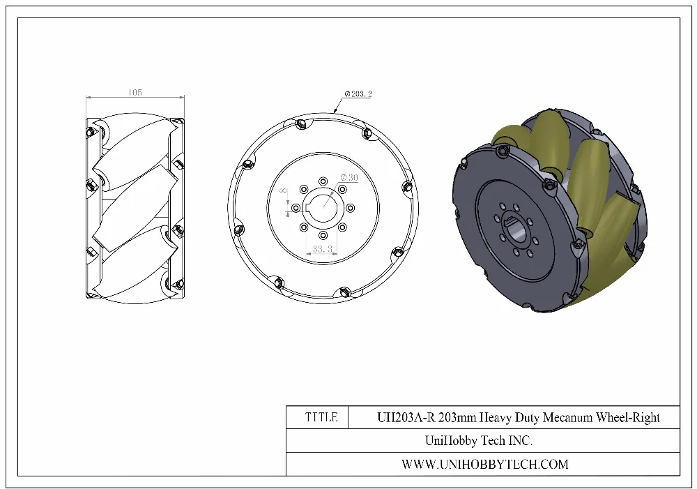 UniHobby Mecanum Wheels 8inch(203mm) UH203A Heavyduty Industrial Mecanum Wheel with 8 PU roller Max Load 800KG(4PCS-SET) (3)