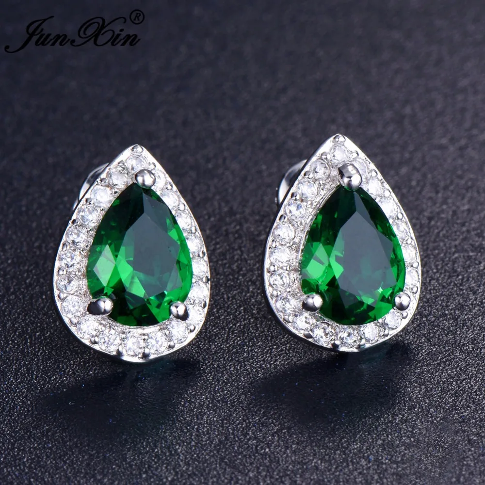 

JUNXIN Female Green Zircon Stone Stud Earrings Silver Color Small Earrings For Women Vintage Wedding Jewelry
