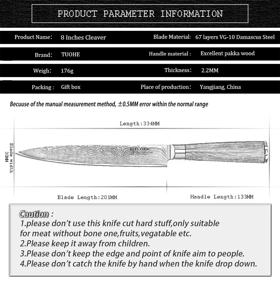 Tuohe " дюймовый нож Дамаск из нержавеющей стали тесак нож профессиональное Точило для кухонных поварской нож для сашими pakka деревянной ручкой