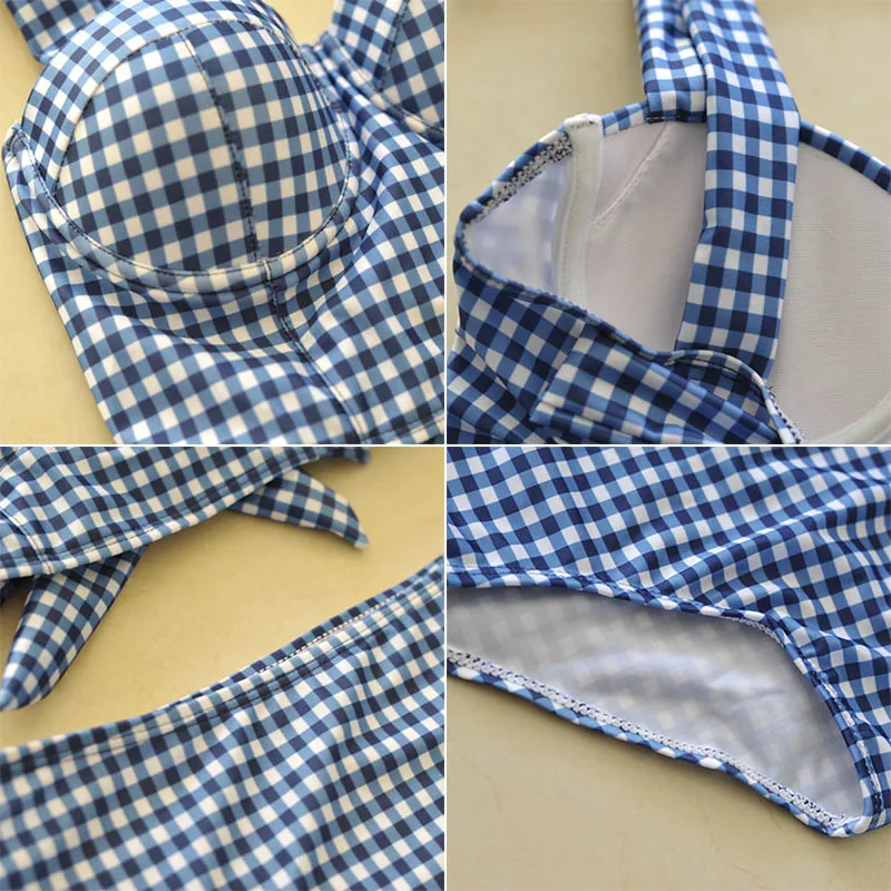 

New Ladies Split Swimwear Set Grid Printed Bikini High Waist Briefs Swimsuits for Beach LMH66