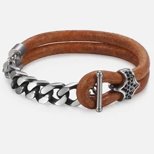 Мужской черный кожаный браслет из бронзы, кубинская цепочка, браслет из нержавеющей стали, модные мужские ювелирные изделия, подарки для мужчин DLB75