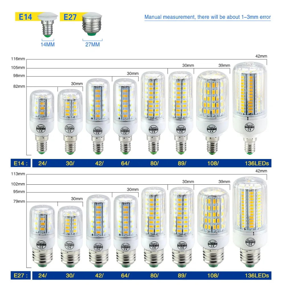 Светодиодная лампа E27 5730 SMD LED Corn Bulb 220V 24 30 42 64 80 89 108 136 светодиодный s Focos Luz E14 Bombillas