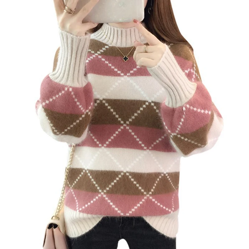

sueter mujer invierno 2019 New College Wind Sweater Woman Women's High Collar Color Puff Sleeve Sweater