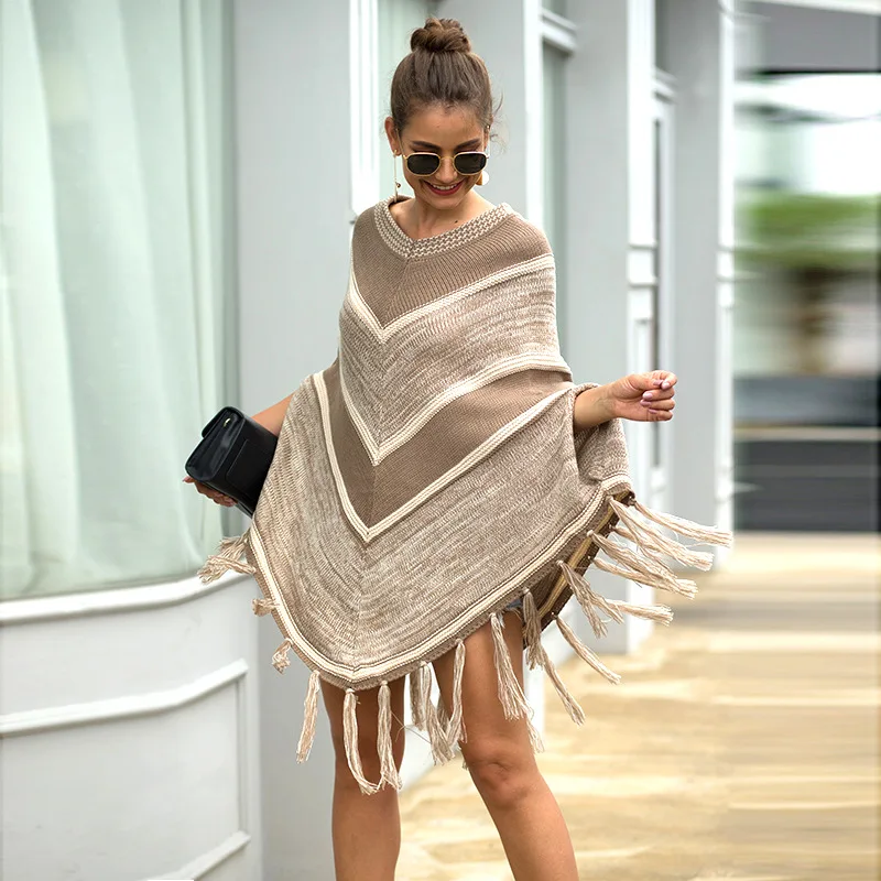

Winter women sweater long jacket geometric matching color round collar Pullover knitted sweater with tassel oversize sweater