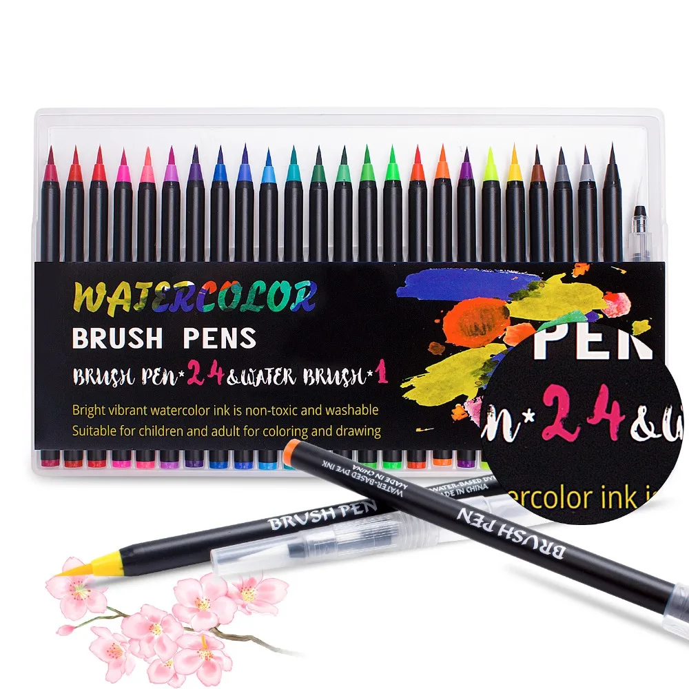 Brush-Pens-24-Color-Watercolor-Pens-and-1-Water-Brush-to-Color-Draw-Comic-Calligraphy-Lettering
