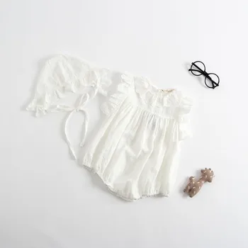 

Baby Girl's Newborn to 3 Years Old Pure White Lace Design 100% Cotton 2PCS Rompers with Hats Triangle Design Summer Rompers