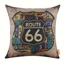 LINKWELL Brand Retro Pillow Case Burlap Cushion Cover 18×18 inch Rusted Mother Road Route 66 in Car Plate American USA Man Cave