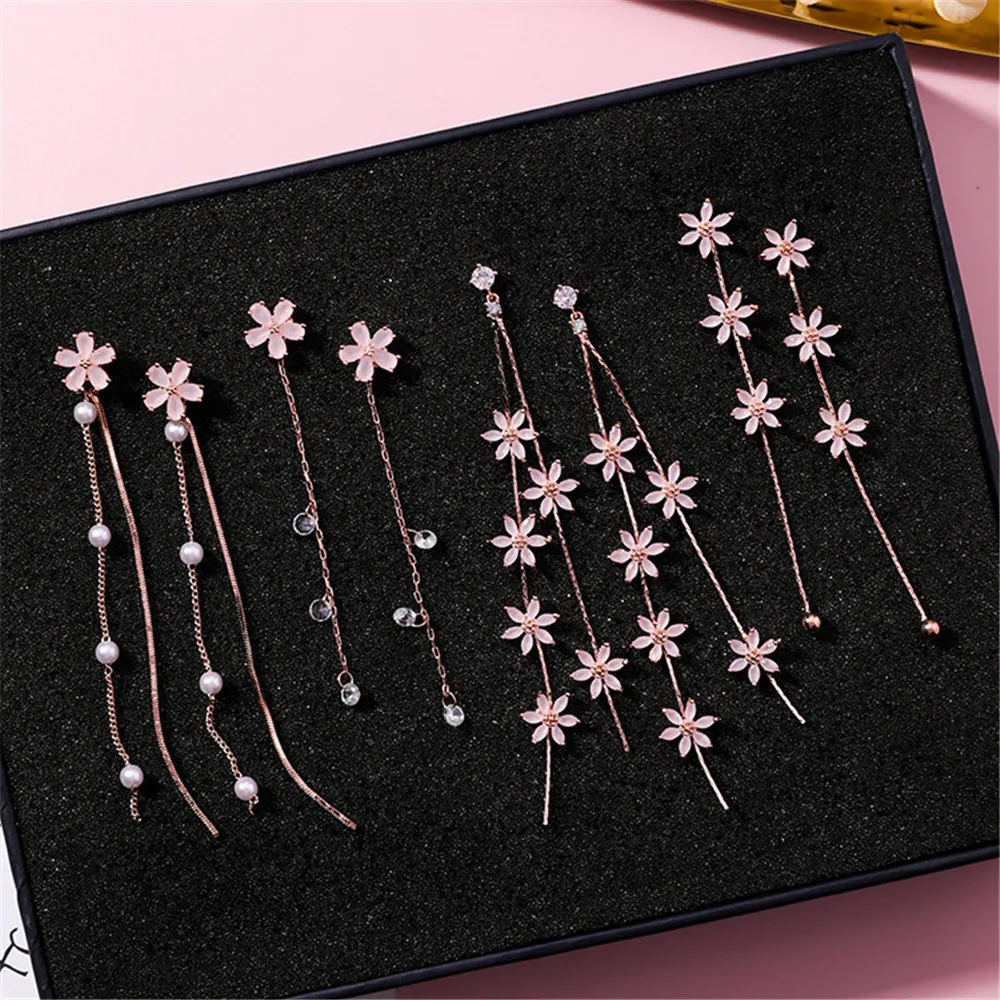 

Japan Korean Sweet Cherry Blossoms Pearl Zircon Anti-allergy Woman Girls Long Dangle Drop Earrings Fashion Jewelry-MSE