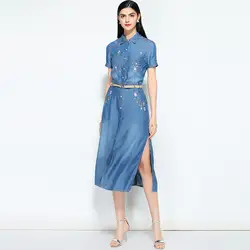 Весенние платья лето 2019 женские платья офисное платье рубашка Женский ремень Синее джинсовое платье Полная длина свободный халат Longue Femme XL