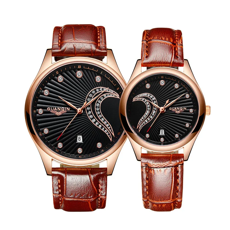 One Pair Newest Couple Watch GUANQIN Couple Wrist Watch Sapphire Quartz Casual Waterproof Lovers Watch Leather Strap Clock (1)
