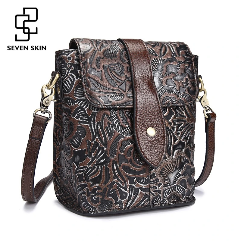 

Famous Women Embossed Flower Shoulder Bags Female Vintage Messenger Bag High Quality Genuine Leather Ladies Small Handbag Flap