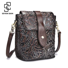 Famous Women Embossed Flower Shoulder Bags Female Vintage Messenger Bag High Quality Genuine Leather Ladies Small