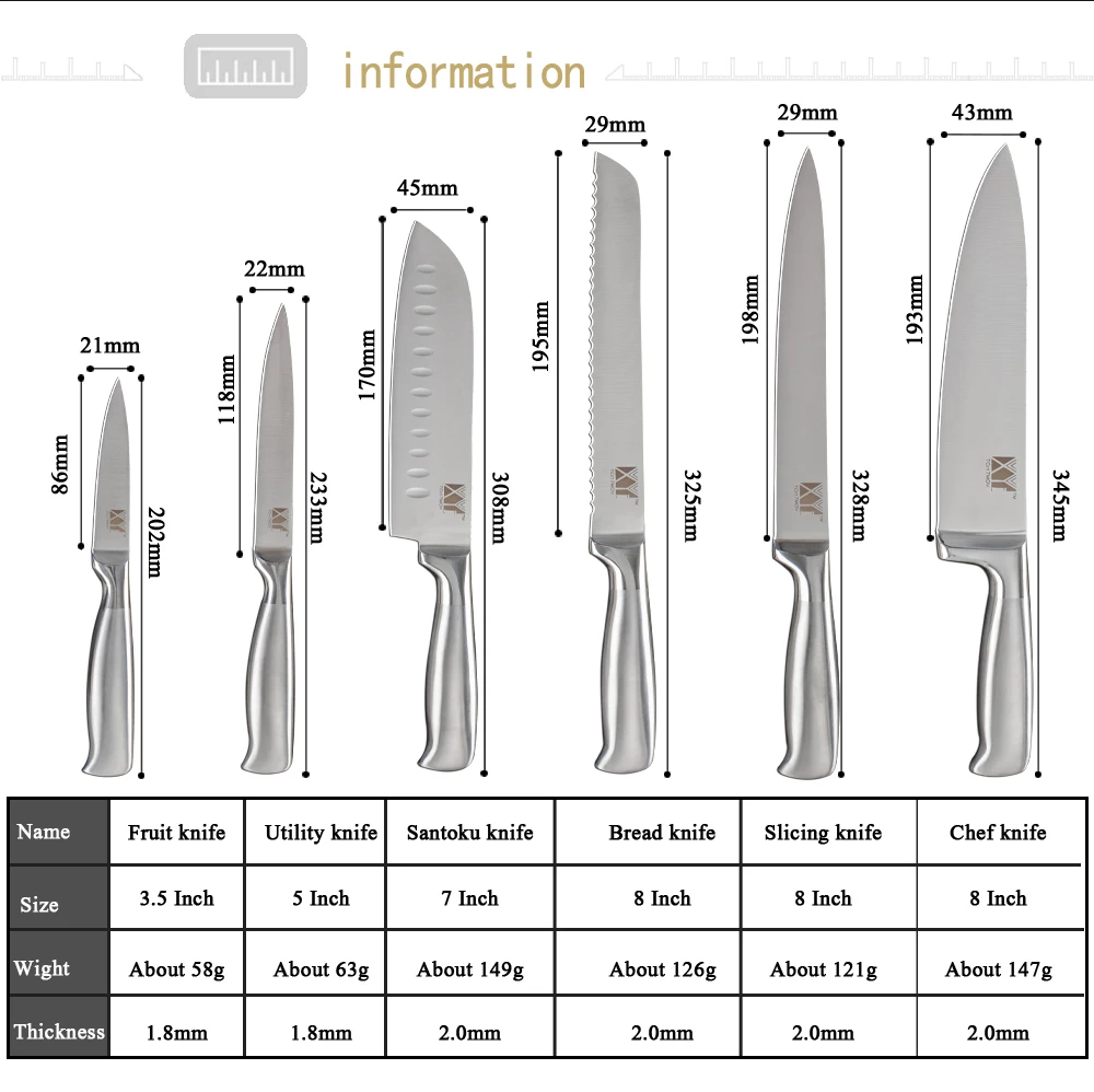 XYj 6 шт. кухонные ножи из нержавеющей стали с острым лезвием 8 ''шеф-повара для нарезки хлеба 7'' Santoku 5 ''Uitlity 3,5'' Набор ножей для очистки овощей