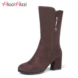 AicciAizzi Размеры 31-43 Для женщин мехом Зимние сапоги до середины икры металлическая молния теплая обувь женские сапоги на высоком каблуке