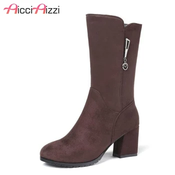 

ZALAVOR Size 31-43 Women Fur Winter Mid Calf Boots Metal Zipper Warm Shoes Woman High Heels Boots Fashion Round Toe Footwear