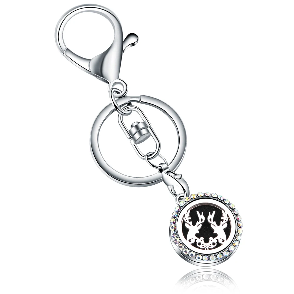 

AB Deer head Full Rhinestone Perfume KeyChain Stainless Steel Essential Oil Diffuser Perfume Aromatherapy Locket Key Chain