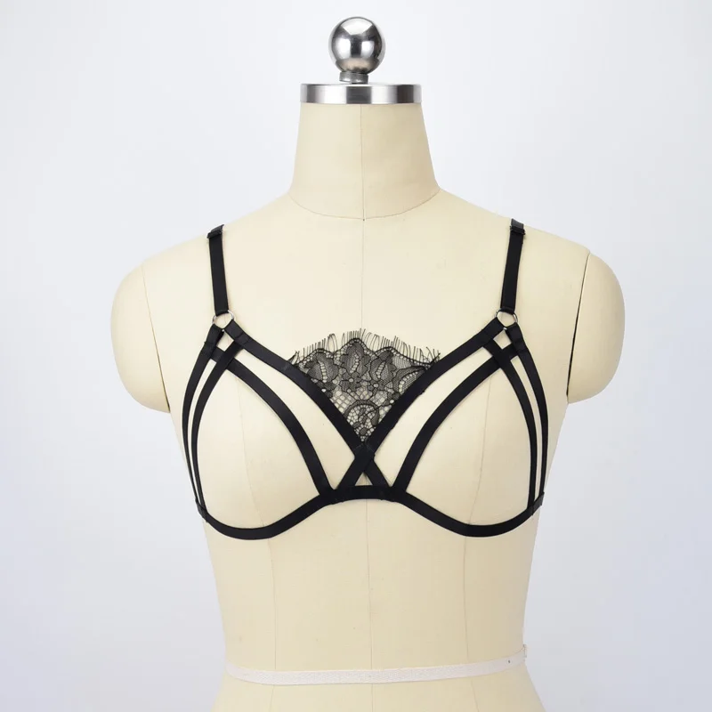 

Black Lace Cage Bralette Sexy Body Harness Belt Lace Crop Top Bodysuit Adjustable Bondage Lingerie Women's Fetish Wear o0544