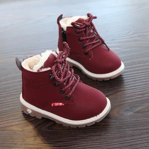 Зимние детские ботинки для мальчиков и девочек 1-4 лет, хлопковая обувь, плюшевые теплые модные ботинки, Нескользящие Детские ботинки на шнуровке - Цвет: Красный