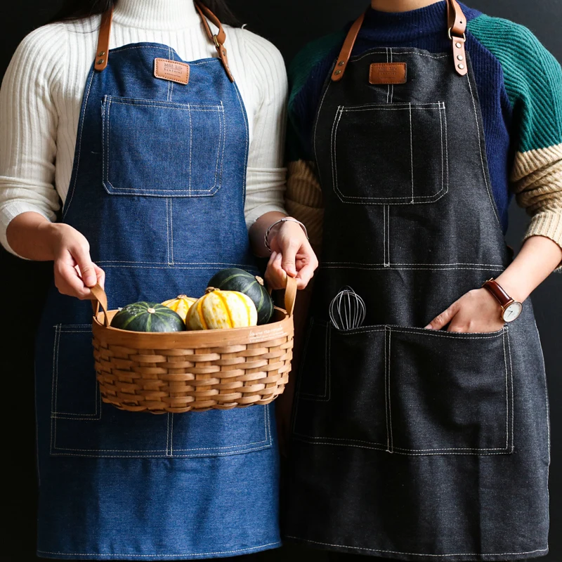 Hot Japanese style Denim Apron for Chef Kitchen Cooking BBQ Kitchen Apron For Woman man Adjustable Pocket Chef Works bib smock