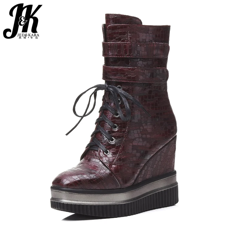 

J&K 2018 New Arrive Stylish High Wedges Ankle Boots Women Thick Platform Shoes Woman Lace up Zipper Winter Boots Square toe