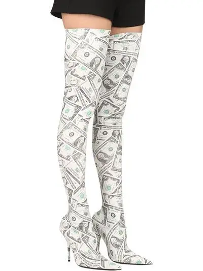 

ARQA Latest Fashion Shoes Autumn Winter Flora Printed Lycra Stretch Pull on Over the Knee High Heel Boots for women