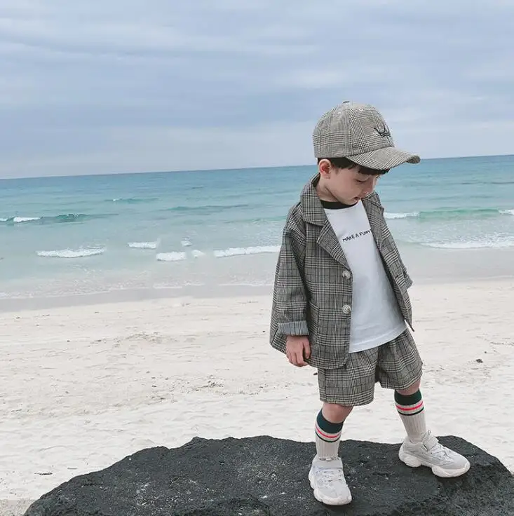

2019 Korean Style Boys 2 Pcs Plaid Set Coat+Shorts Autumn Fashion Soft Kids Suits 1-6t PX109