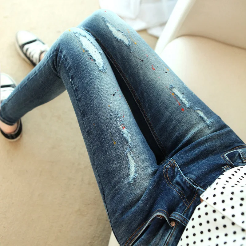 Casual jeans female hole paint thin Slim pencil pants skinny pants ffashion lager size Personality long denim pants women