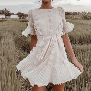 

Yocalor Elegant Floral White Dresses Women Ruffle Summer Dresses Female Embroidery Holiday Beach Short Sundress Ladies Vestidos