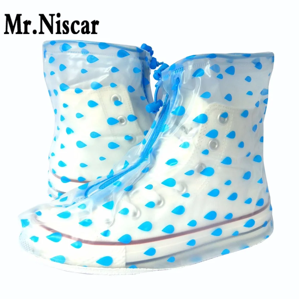 Women Blue Rain Shoe Covers Waterproof Non Slip Shoecovers Flat Sole