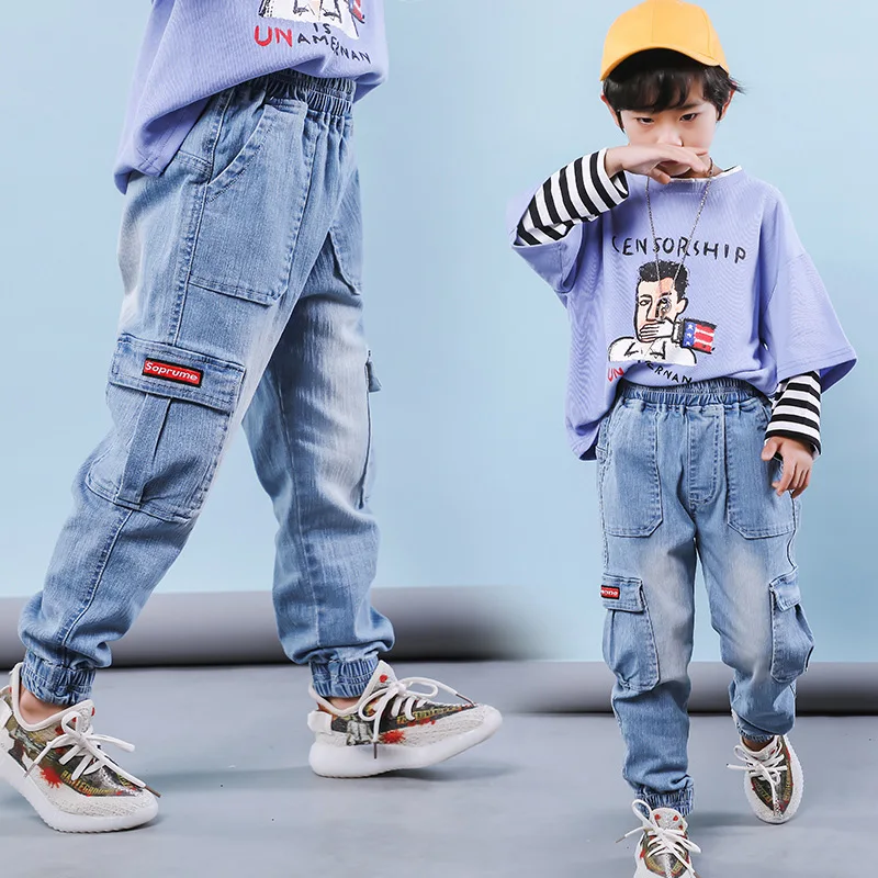 Детские джинсы для мальчиков г. Весенне-осенние джинсовые синие брюки для мальчиков-подростков, Повседневные детские брюки-карго Одежда для маленьких мальчиков 3, 4, 8, 12, 13 лет