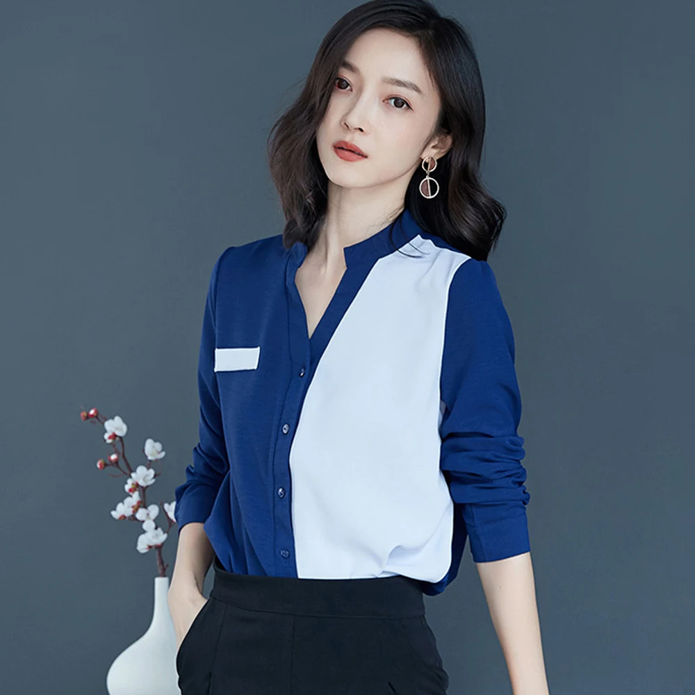 

women's elegant patchwork chiffon shirts blouses V-neck long sleeve tops office lady OL shirts plus size casual loose blouses