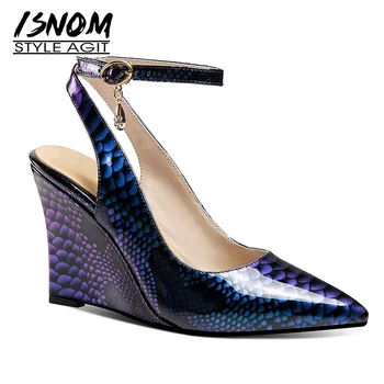 

ISNOM Ankle Strap Print Sandals Women Pointed Toe Footwear High Heels Sandals Shoes Slingback Crystal Shoes Woman Summer 2019