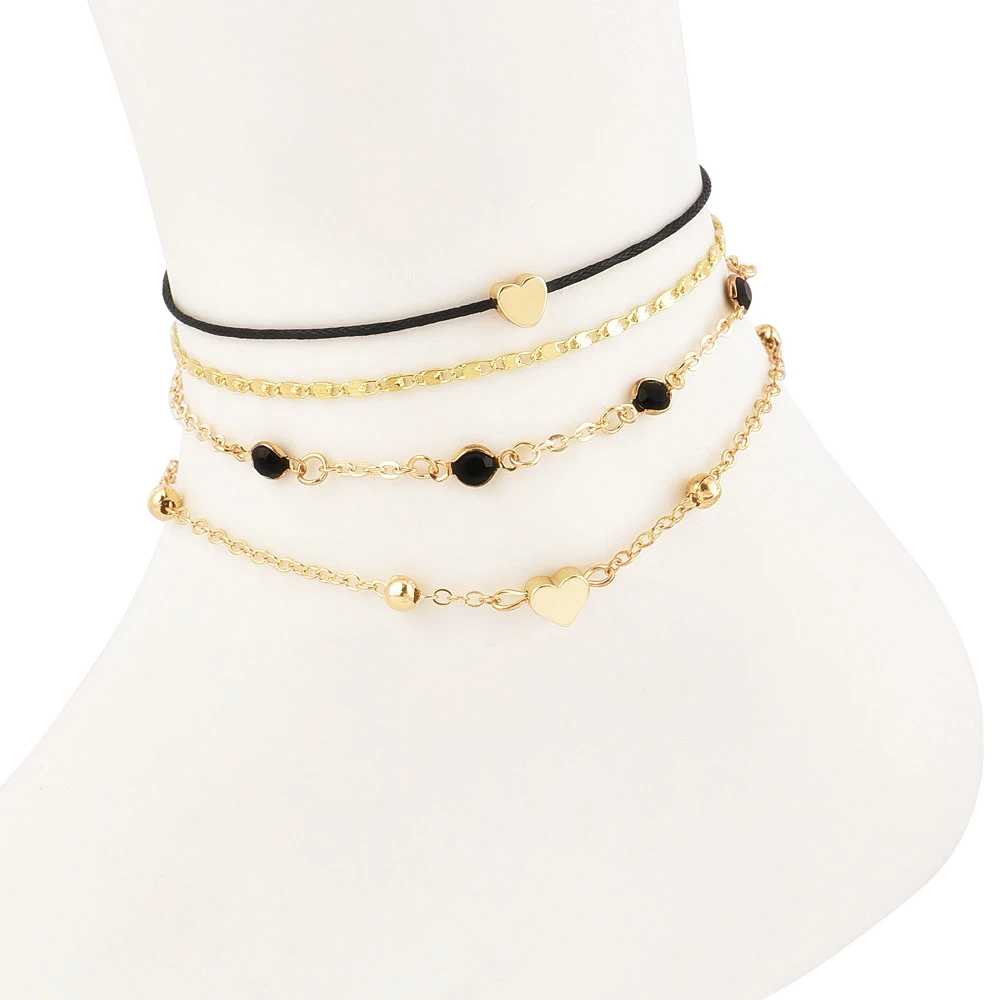 

Love multi-layer anklet combination set Anklets Heart Pendant Bracelet Adjustable Foot Chain Beach Jewelry 4 Pcs