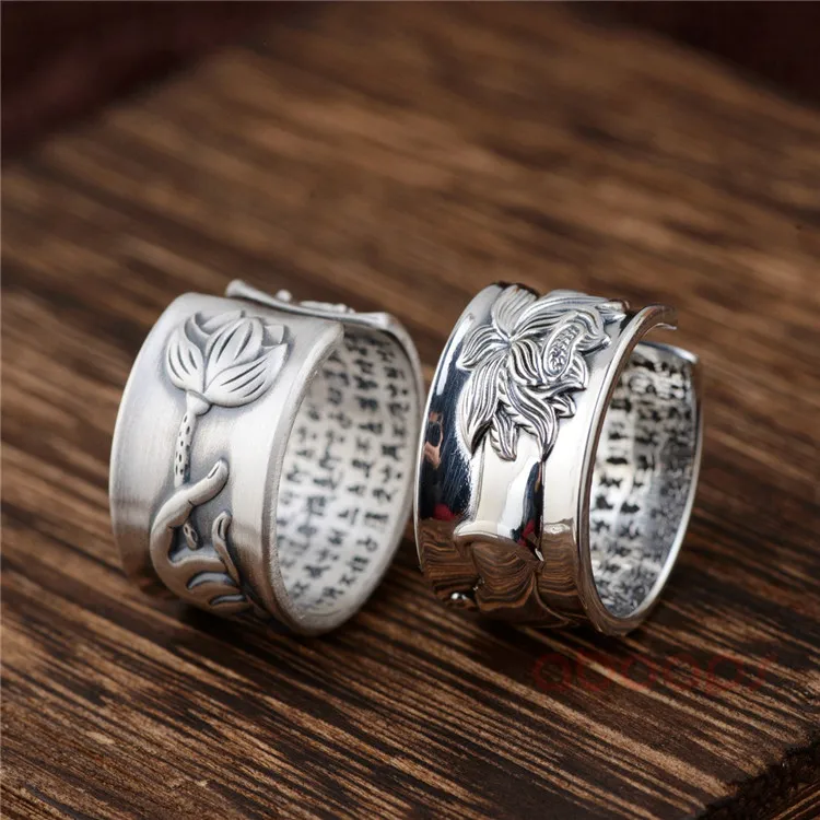  12 mm Vintage 990 Sterling Silver Buddha Hand Lotus Flower Ring Engraved Heart Sutra Inside for Lov
