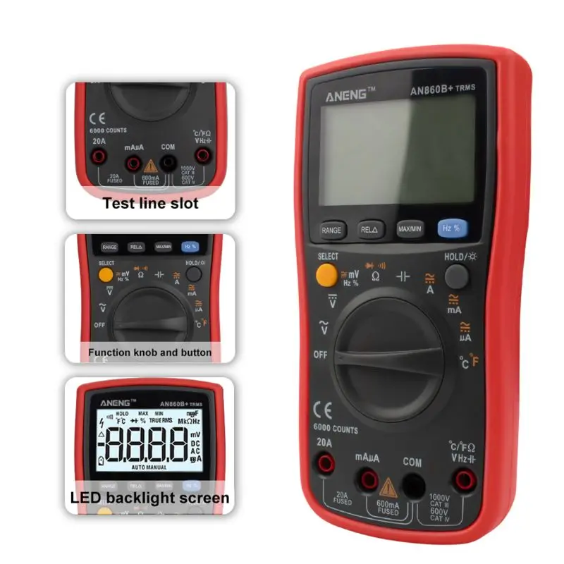 

Digital Multimeter TRMS 6000 Counts Backlight AC/DC Current Voltage Resistance Frequency Temperature Tester AN860B